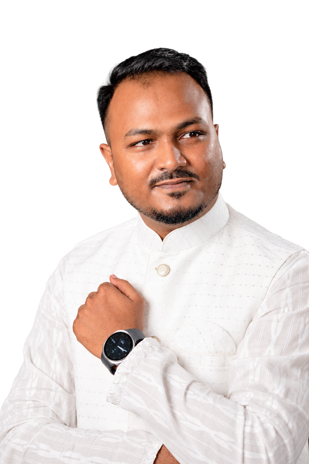 MD Ridoy Hossain wearing a white panjabi, with one hand at his chest.
